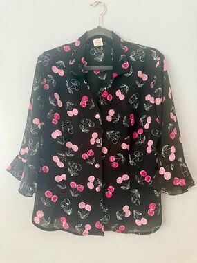Vintage Li-La Canada Cherries Print Top, 80/90s Made in Canada, Size XL